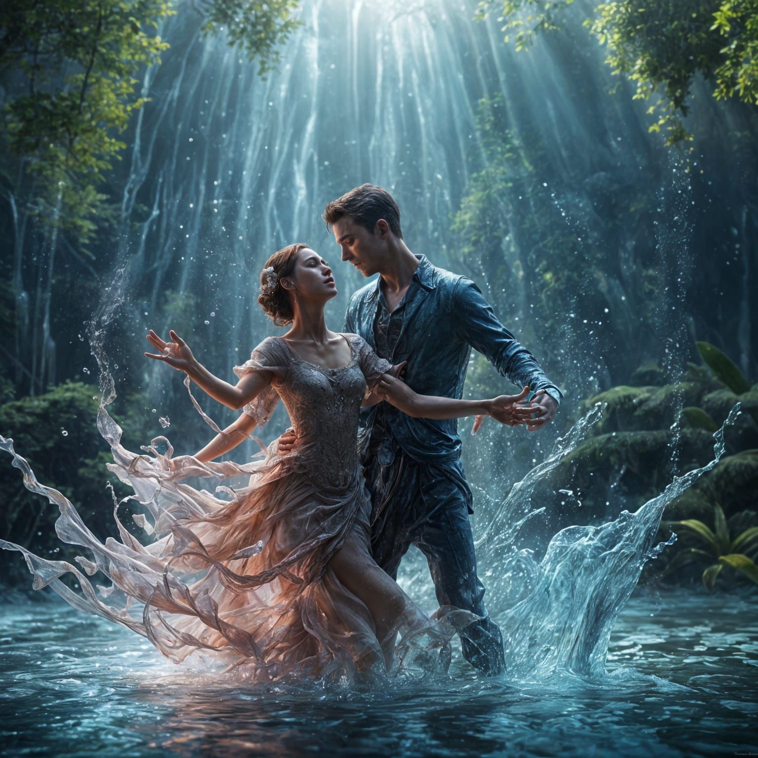 Whirlpool Couple: Water Dancers in a Splash of Colors