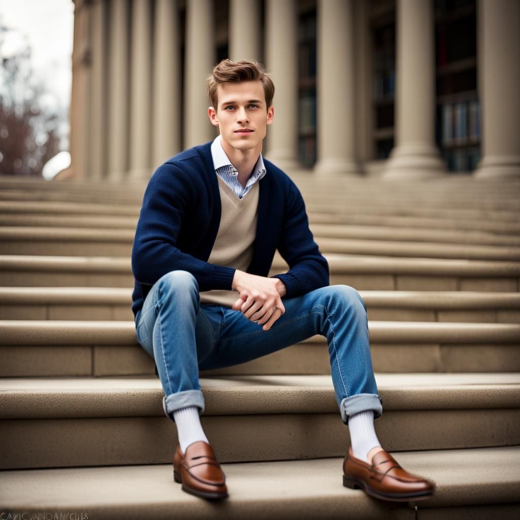 Preppy Young Man on Library Steps, Professional Photo