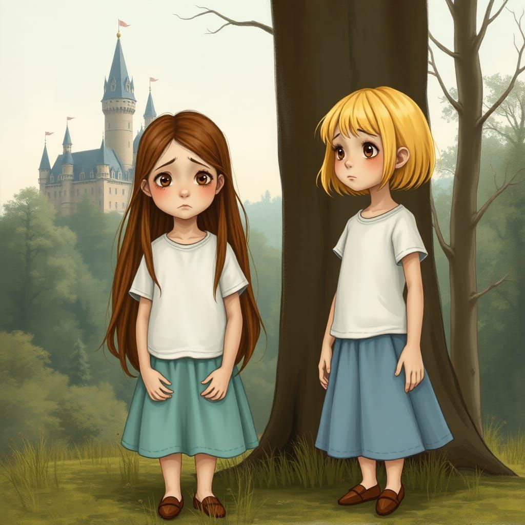 Girls Chatting in Whimsical Landscape, Beatrix Potter Style