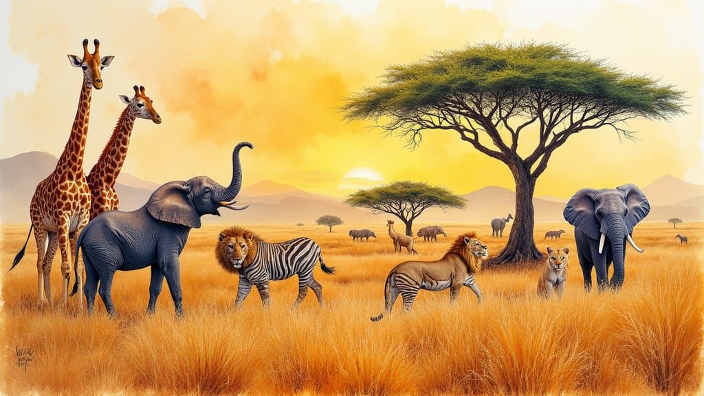 Savannah Wildlife Safari in Vibrant Watercolour