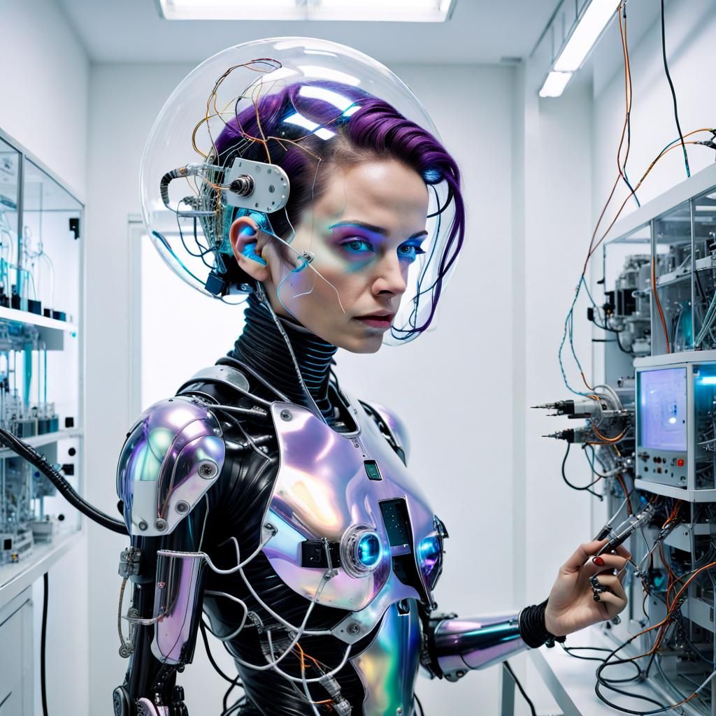 Iridescent Cyborg Astronaut in Biotech Lab