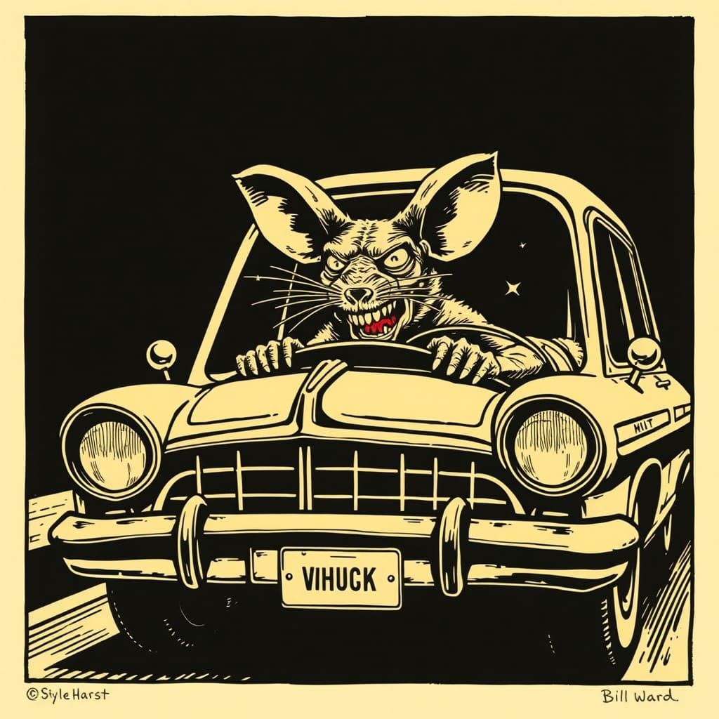 Rat Fink Monster Drives Hearse: Linocut Print