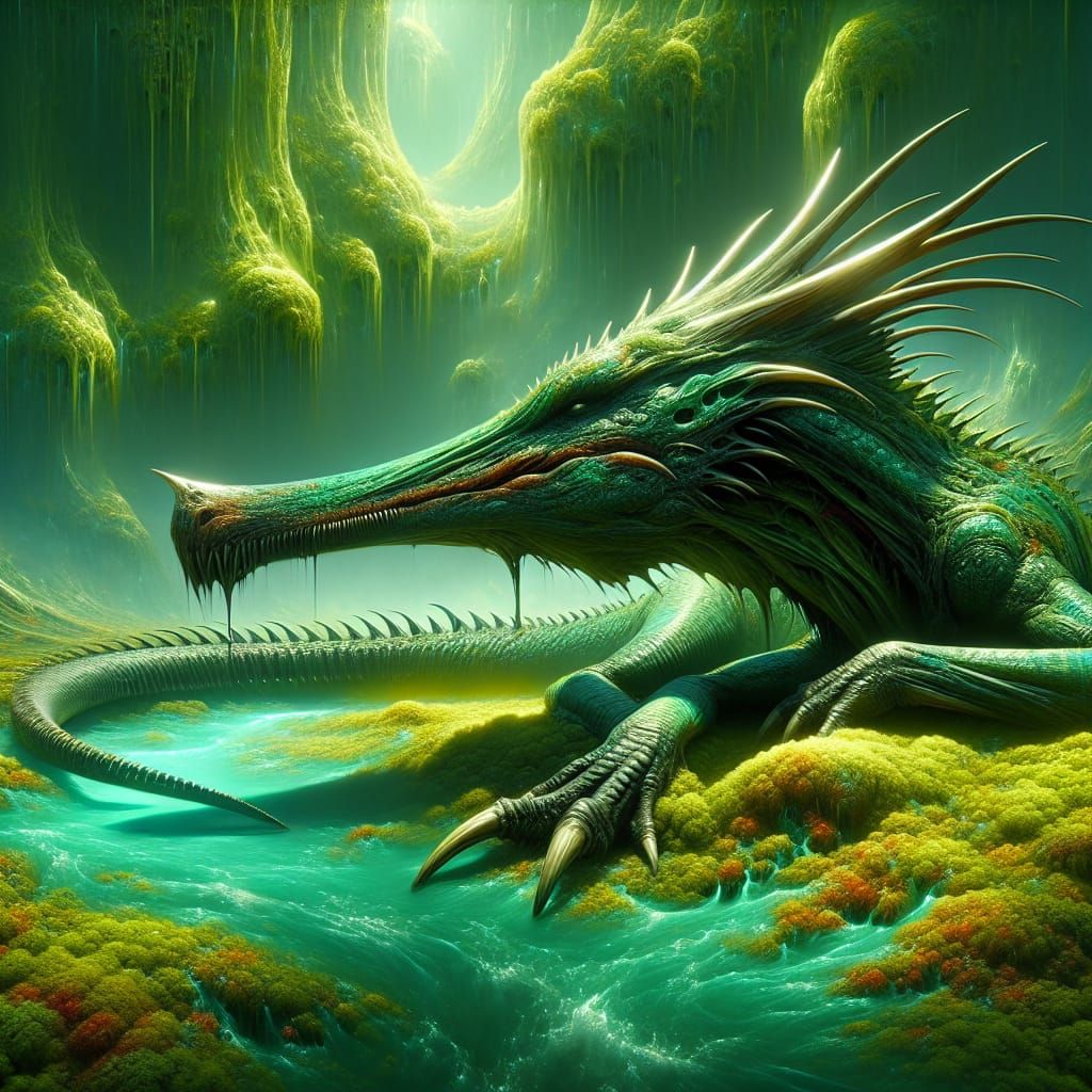 Sci-Fi Crocodilian Alien in a Vibrant Swamp