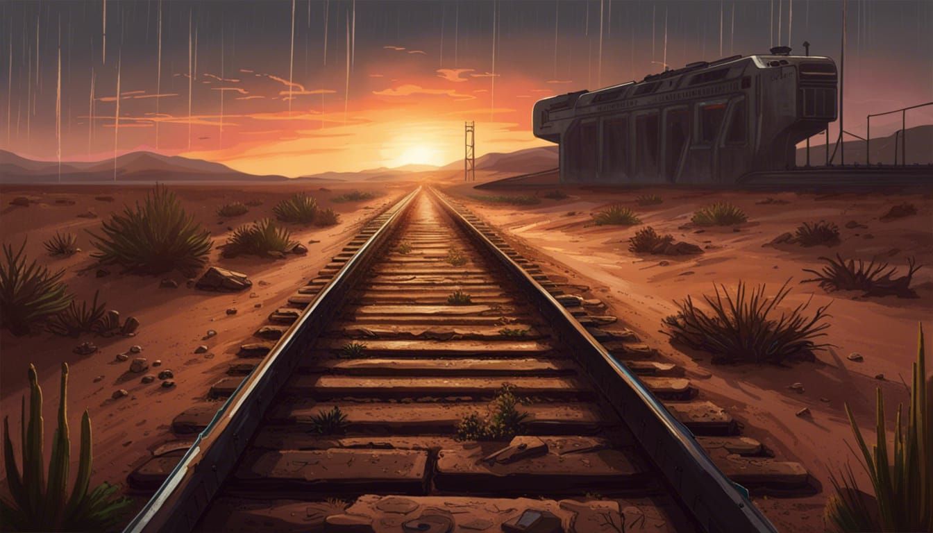 Sci-Fi Railroad in Desert Landscape at Sunset