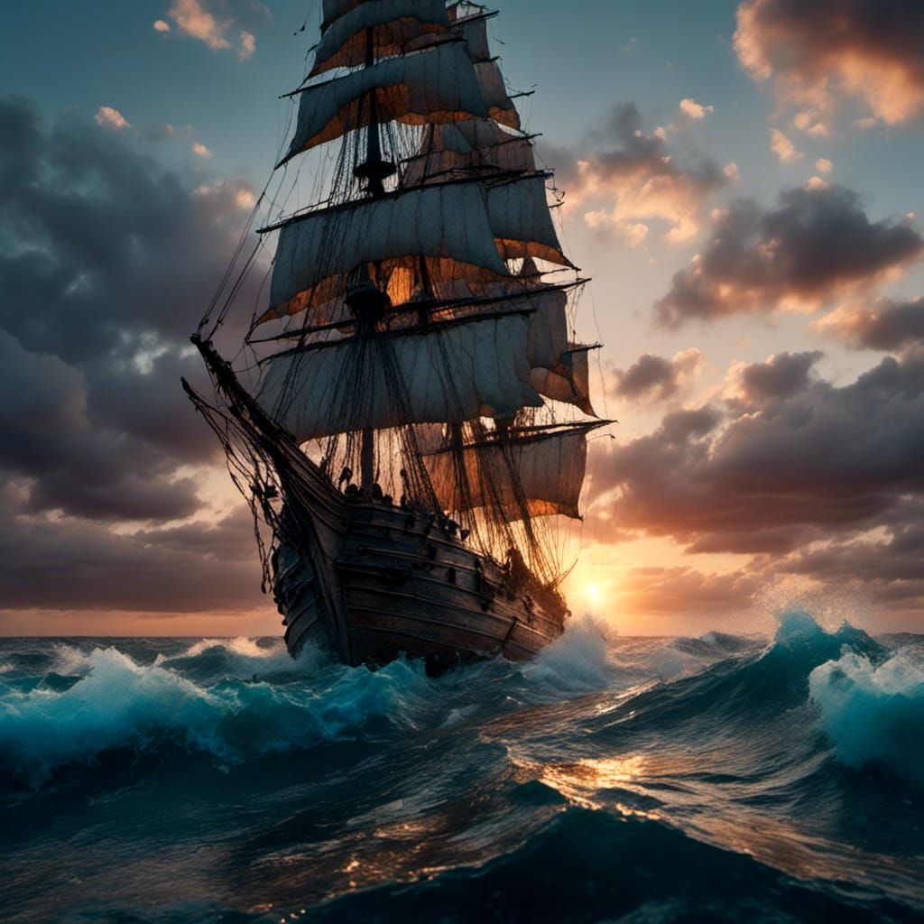Dramatic Sailing Ship in Stormy Seas: Romanticism Art