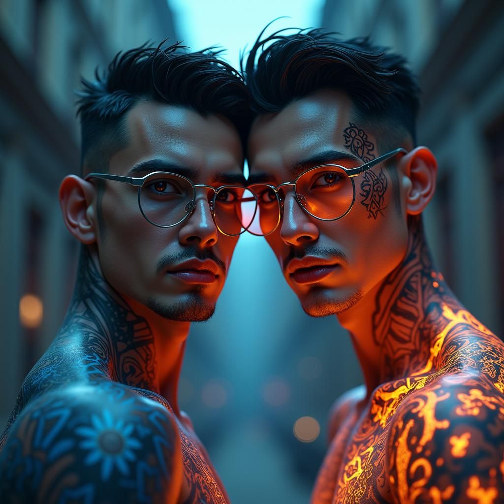 Twin Brothers with Tattoos and Glasses in Fantasy Art
