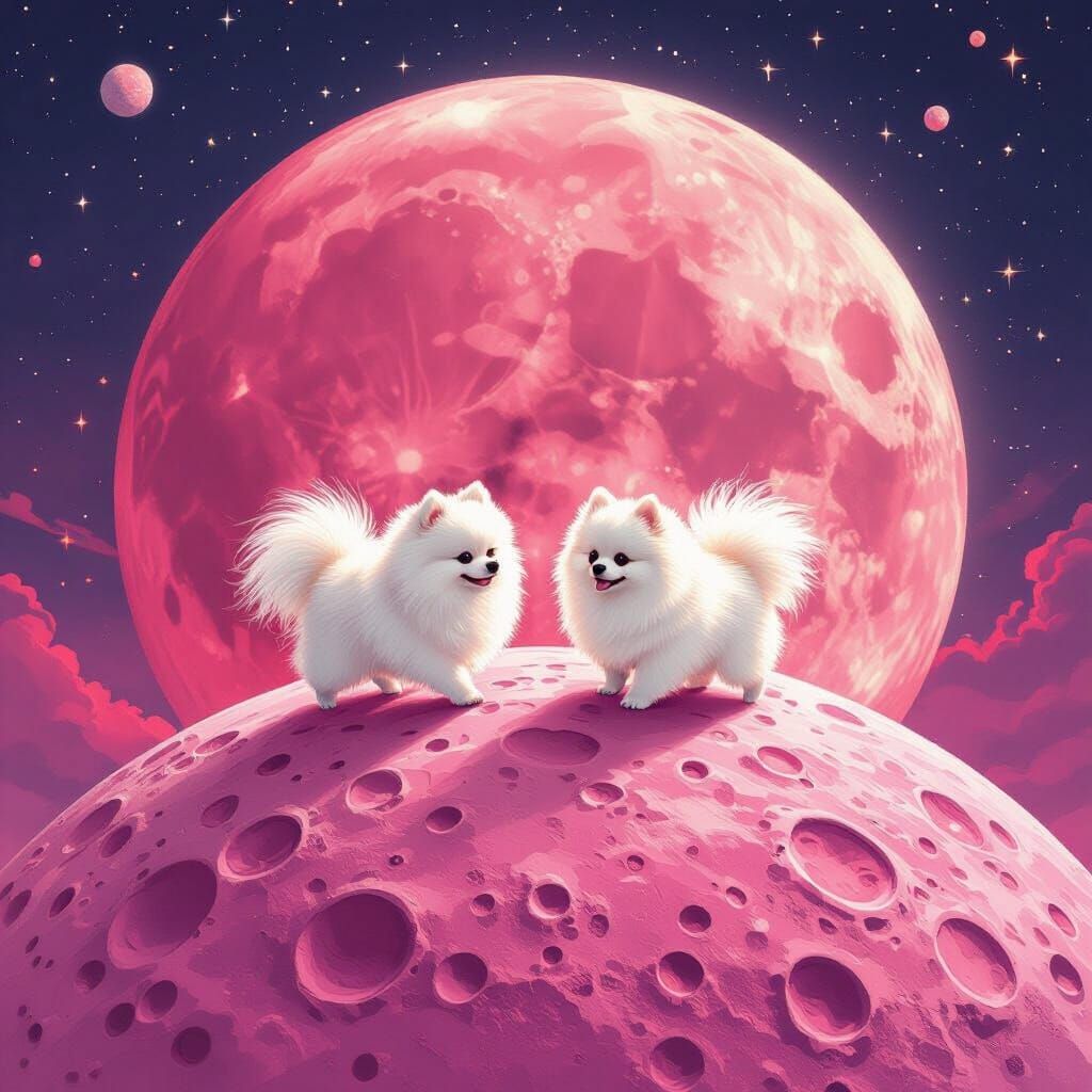 Pomeranians on Pink Moon Surface in Storybook Style