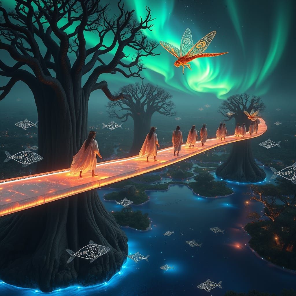 Ethereal Dreamwalkers in Neon Baobab Landscape