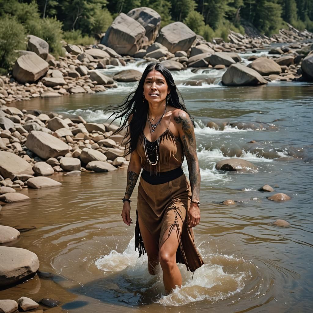Native American Woman Bathing in River