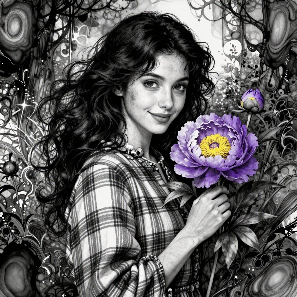 Black Haired Woman in Winter Gown with Peony