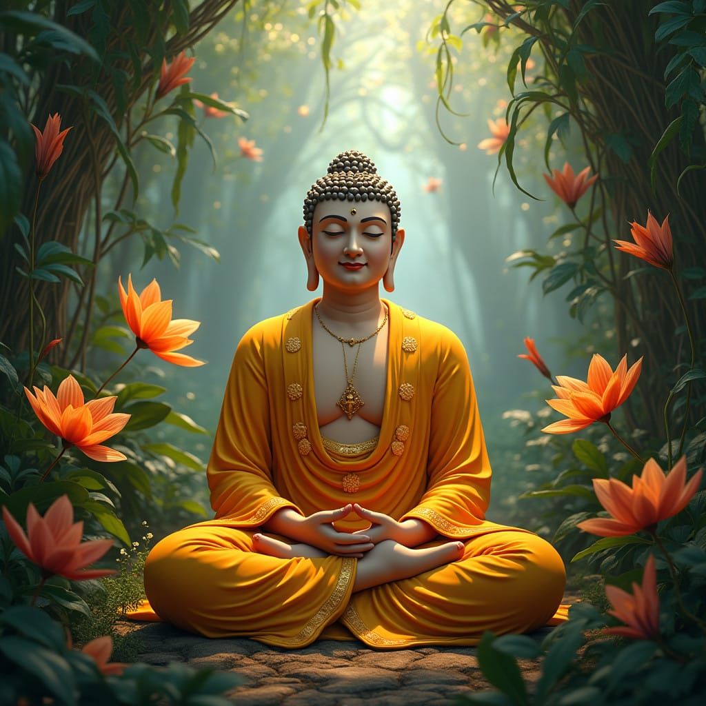 Peaceful Buddha in Vibrant Jungle Oasis