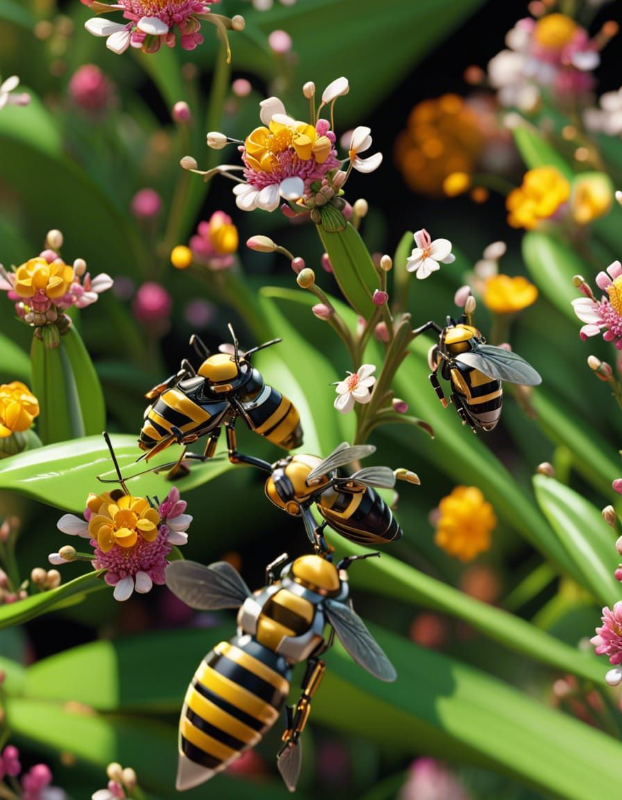 Bees pollinating flowers, intricate mech details, ground level shot, 8K resolution, Cinema 4D, Behance HD, polished meta...