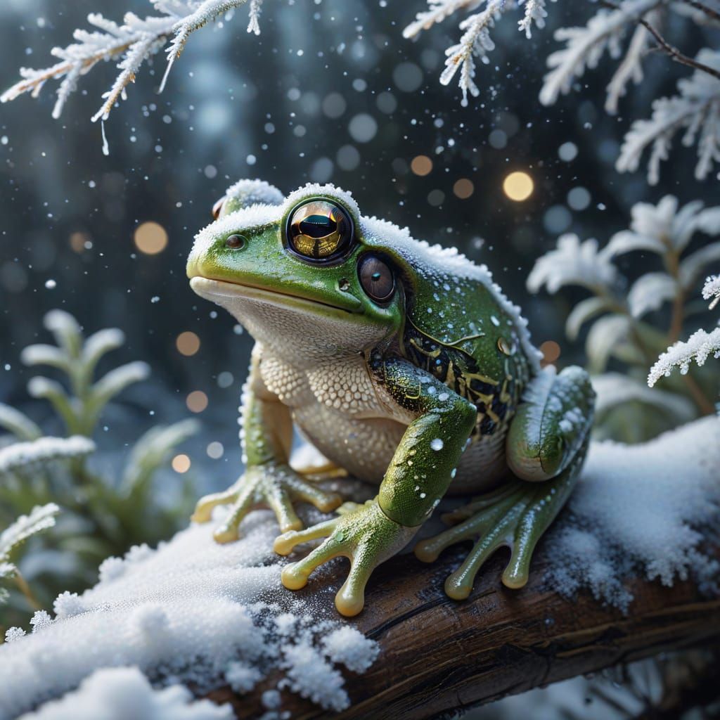 Cute Frog on Frosty Branch in Snowy Forest