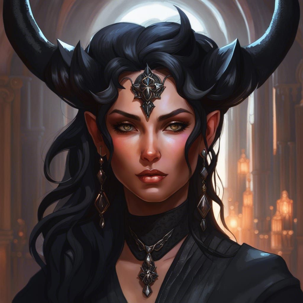 Tiefling Sorceress Portrait in Hyperdetailed Style