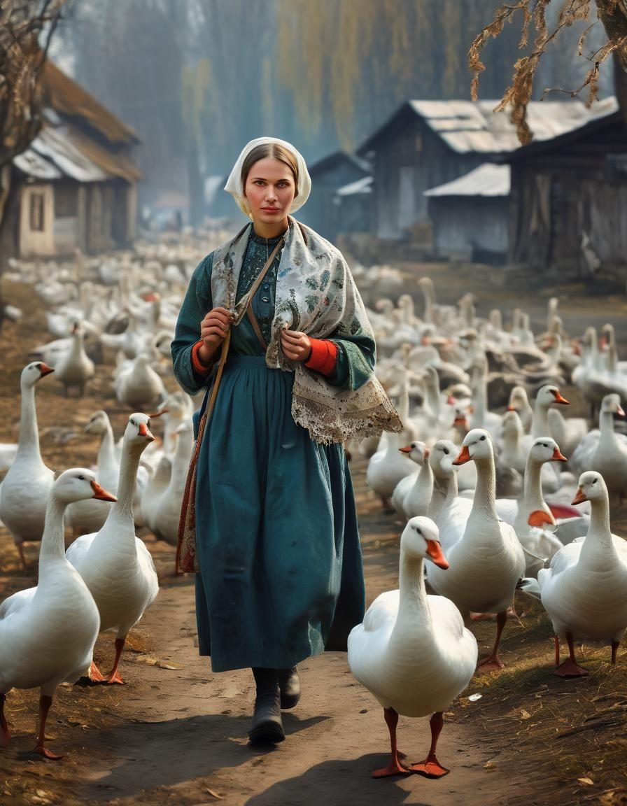 Girl with Geese in Russian Village, Old Photo Style