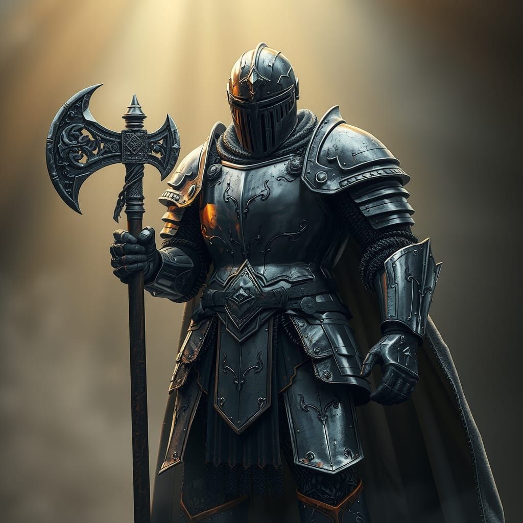 Heroic Armored Knight with Axe in Cinematic Lighting