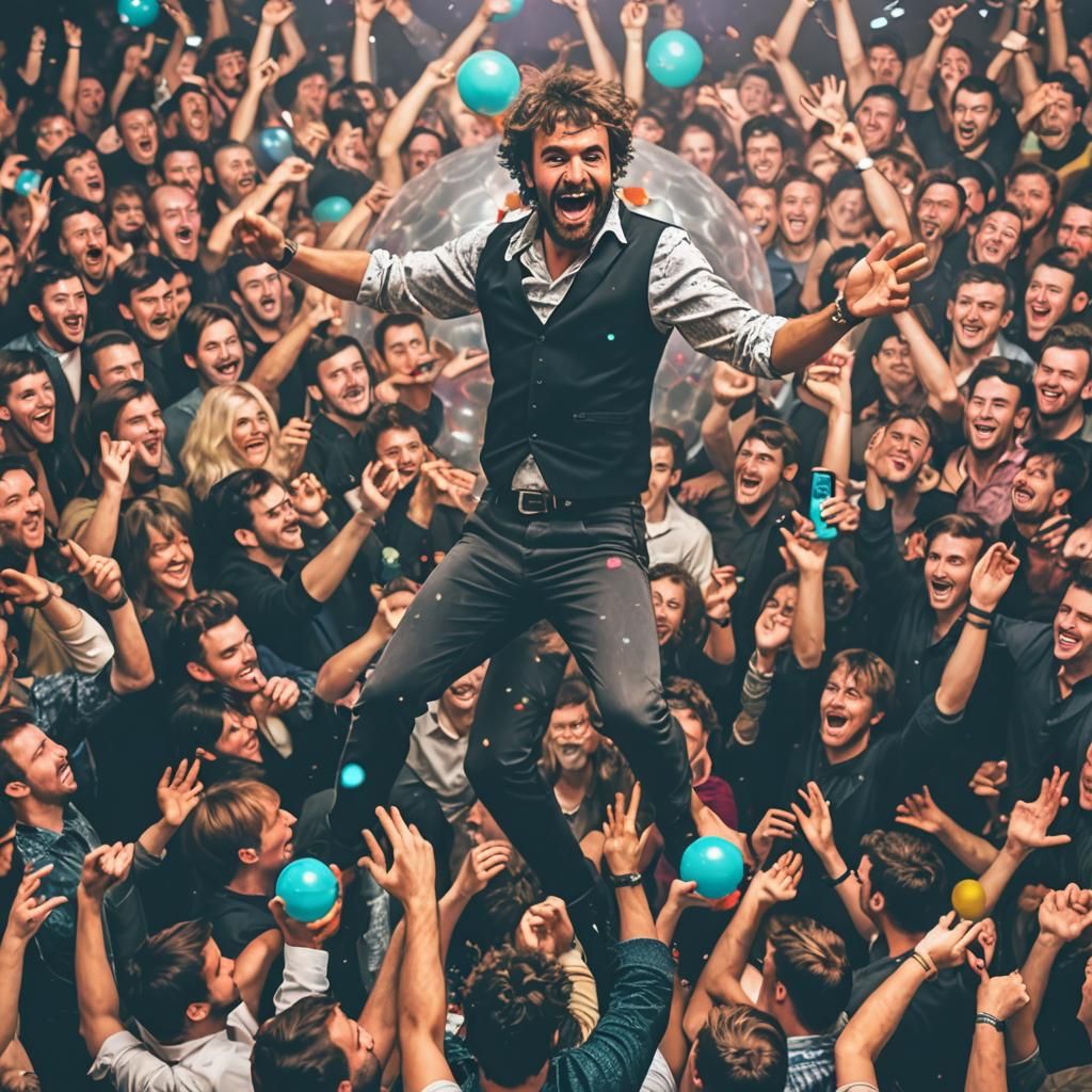 Dancing Man Under Disco Ball in Crowd
