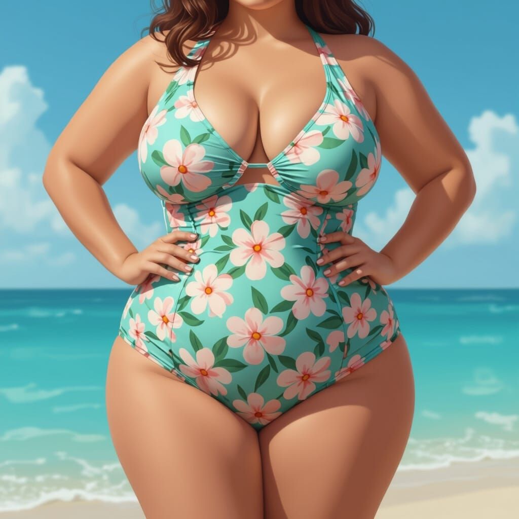 Curvy Woman in Booty Swimsuit - Realistic Style