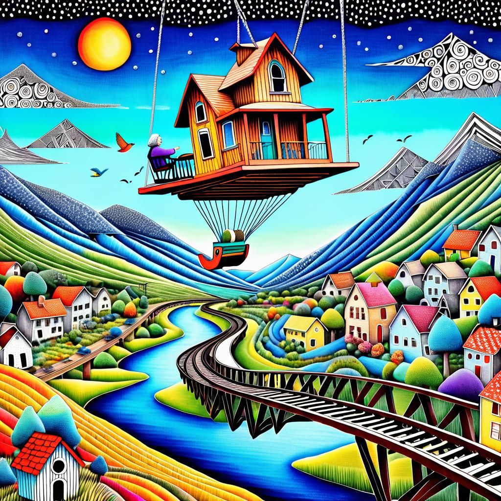 Surreal Birdhouse Soaring Over Vast Landscape