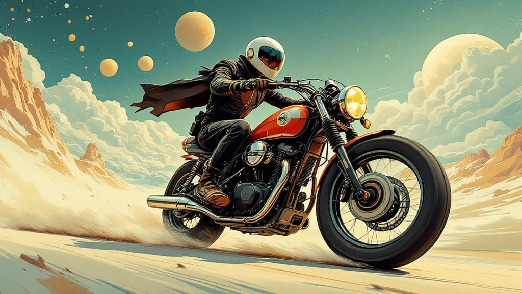Retro-Futuristic Cosmic Rider in Whimsical, Surreal Landscap...