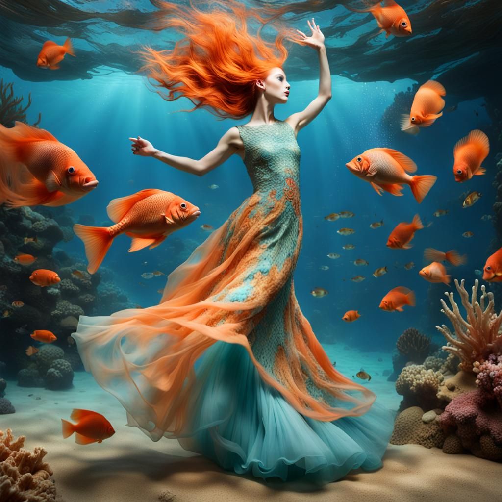 Underwater Fashion: Pale Figure in Coral Reef Aquarium