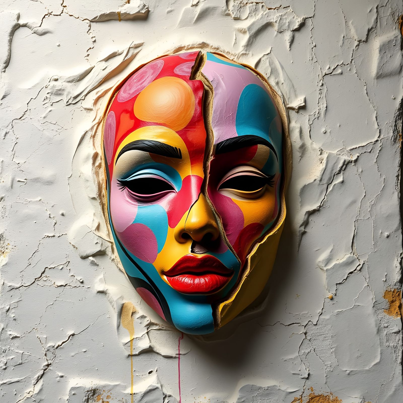 Glamorous Broken Clay Mask in Vibrant Klimt-Inspired Colors