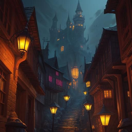 medieval city, stone stairway to castle