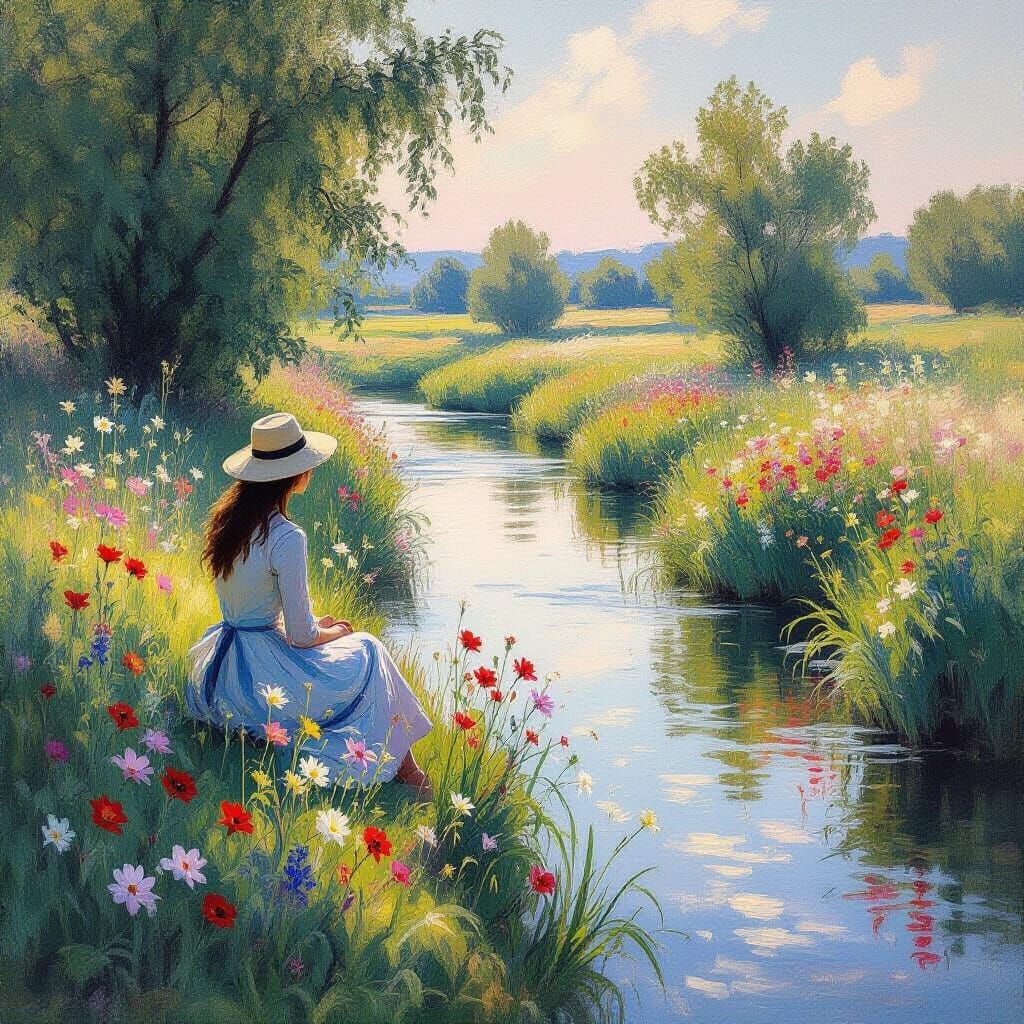 Tranquil Dawn Stream Scene with Wildflowers