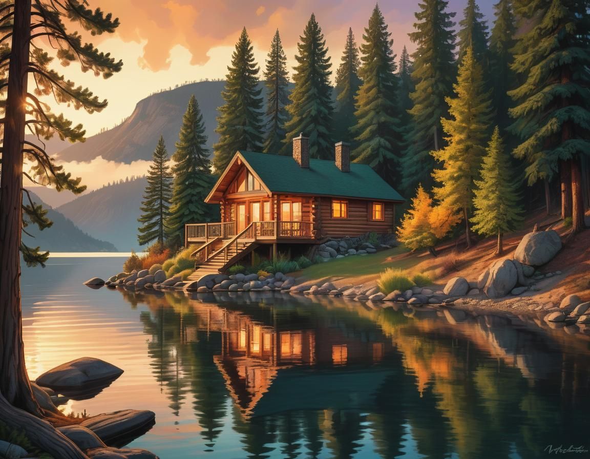 Cozy Lakeside Cabin in Comic Book Art Style