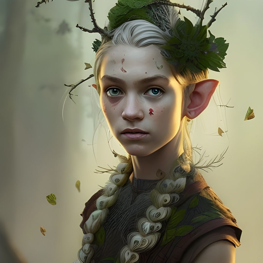Elven Nordic Girl Portrait with Flowers, Fantasy Art