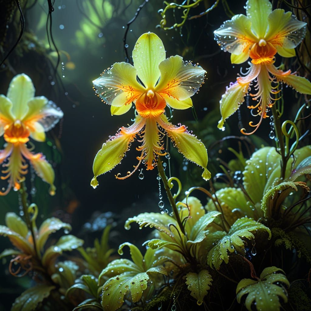 Glowing Bioluminescent Rose-Orchid-Jellyfish Plant