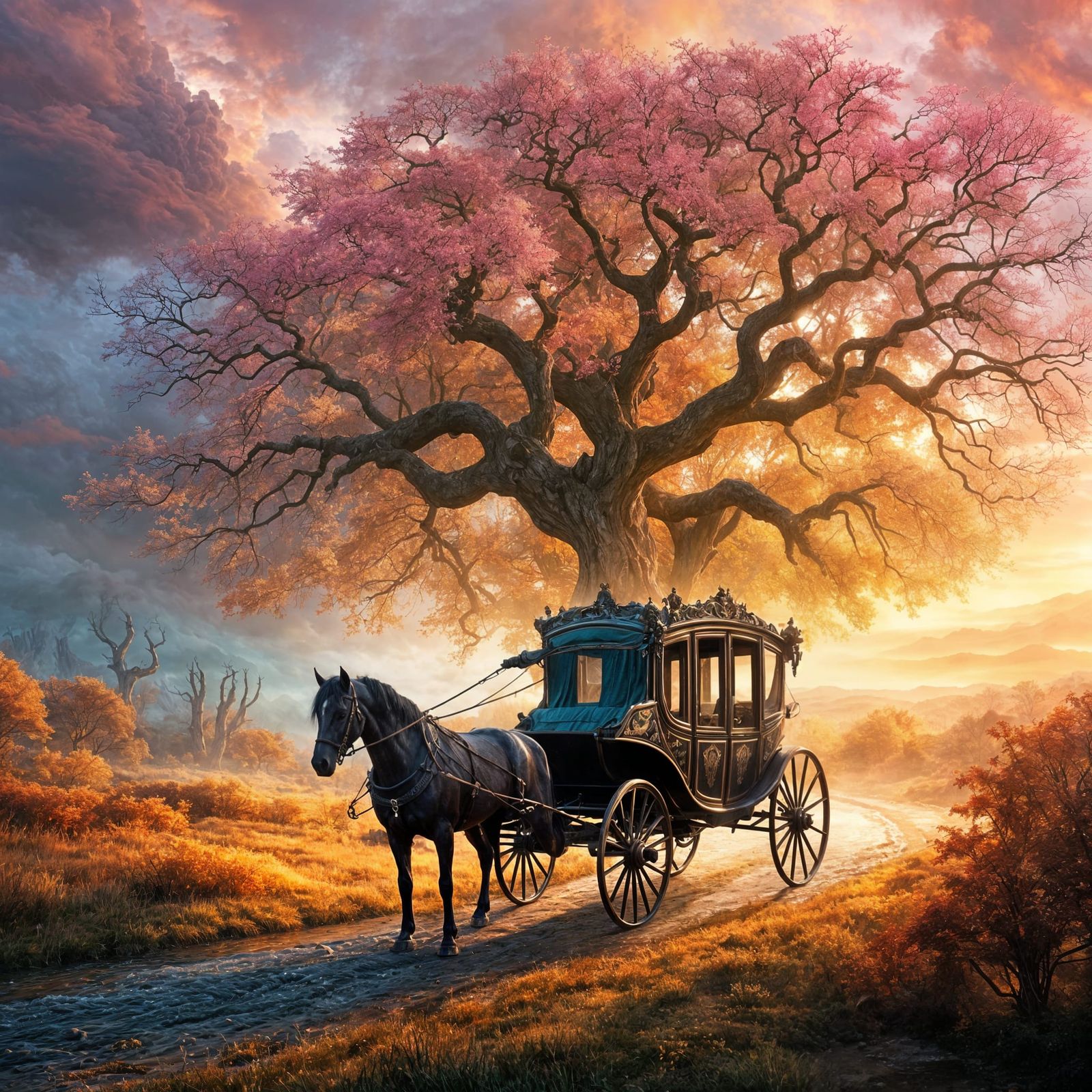 Mystical Golden Hour Landscape with Carriage - Painterly Fan...
