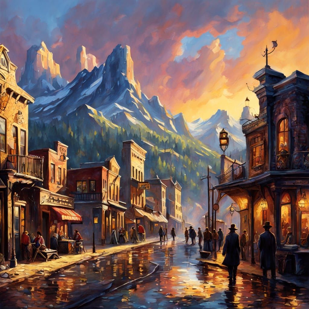 Fantastical Western Cityscape at Sunset as Impasto Painting