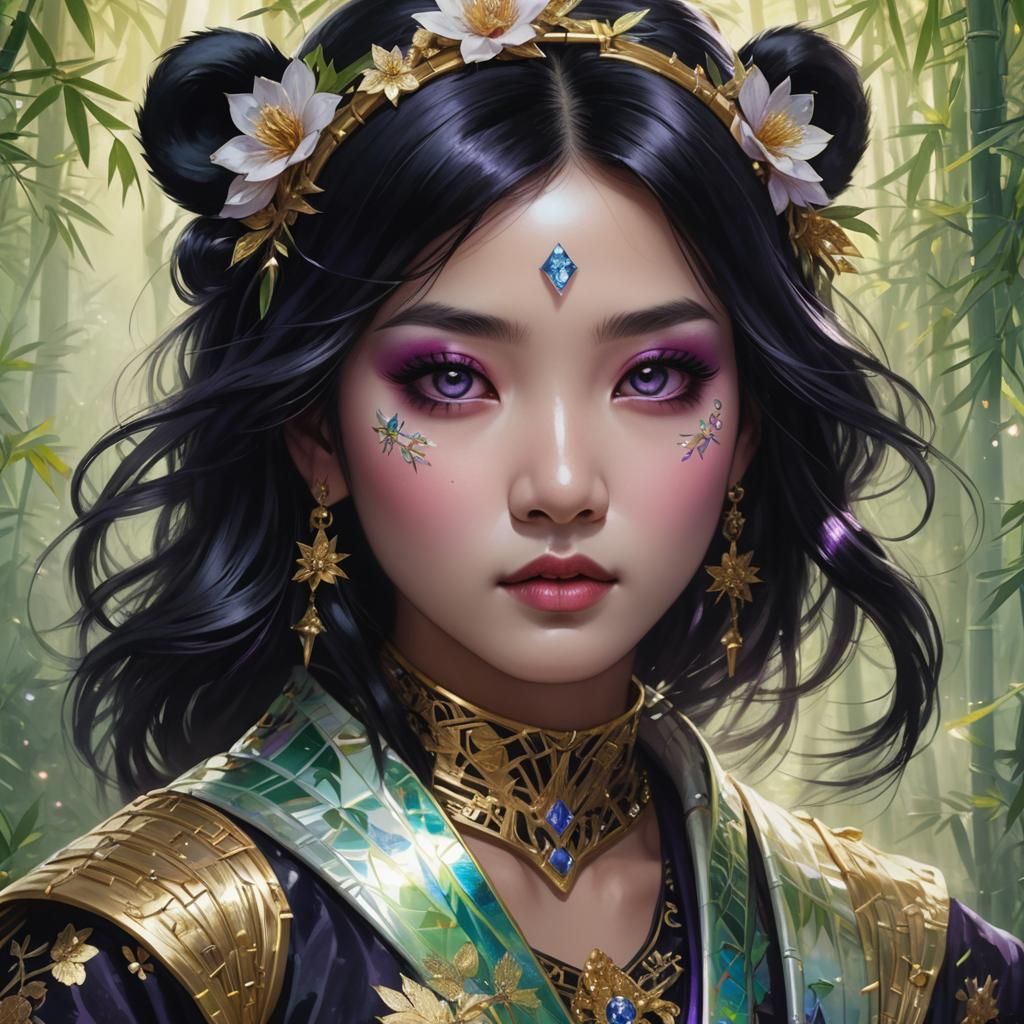 Diamond Panda Woman in Bamboo Forest, Astral Illustration