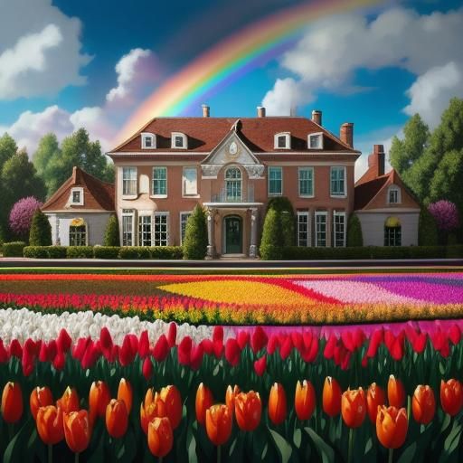 Opulent Mansion and Tulip Garden in Hyperrealistic Style