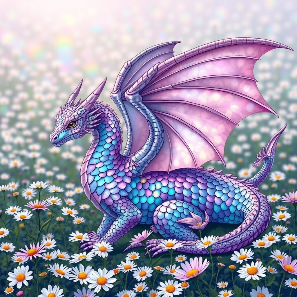Ethereal Dragon in Vibrant Floral Landscape