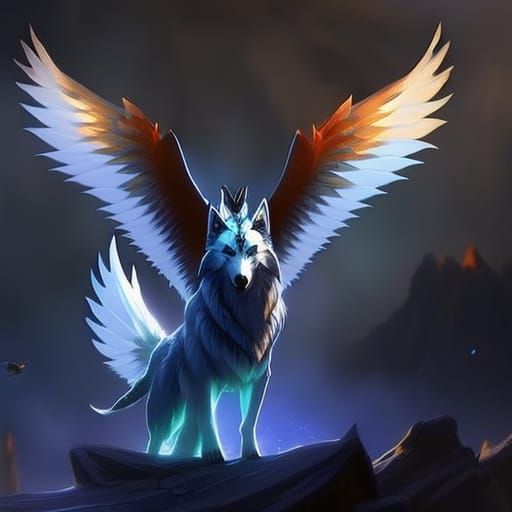 Winged Wolf in a Magical Fantasy Landscape