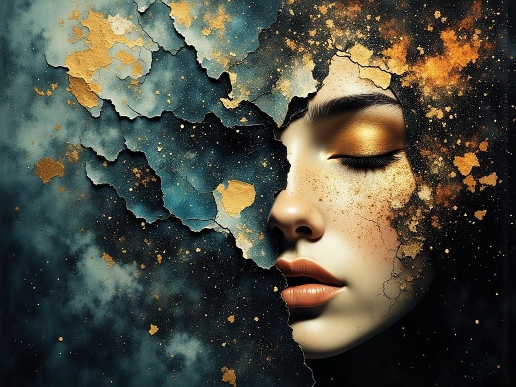 Elemental Face Formed from Torn Paper Layers