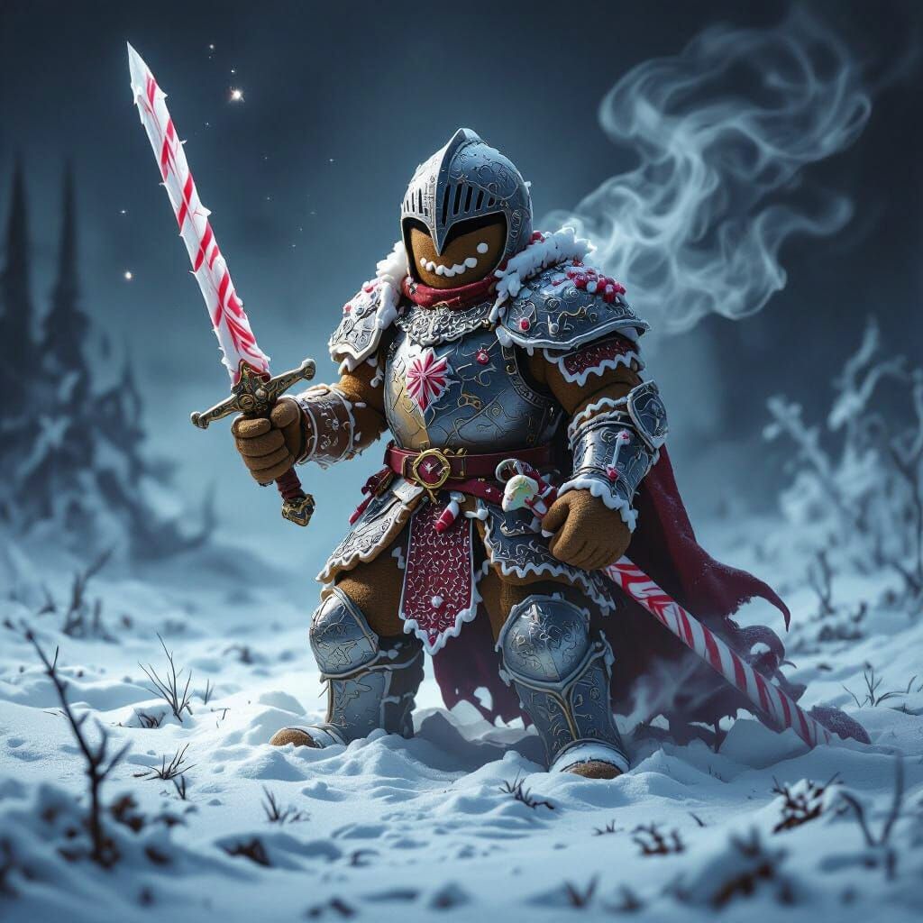 Gingerbread Knight in Snowy Gothic Horror Landscape