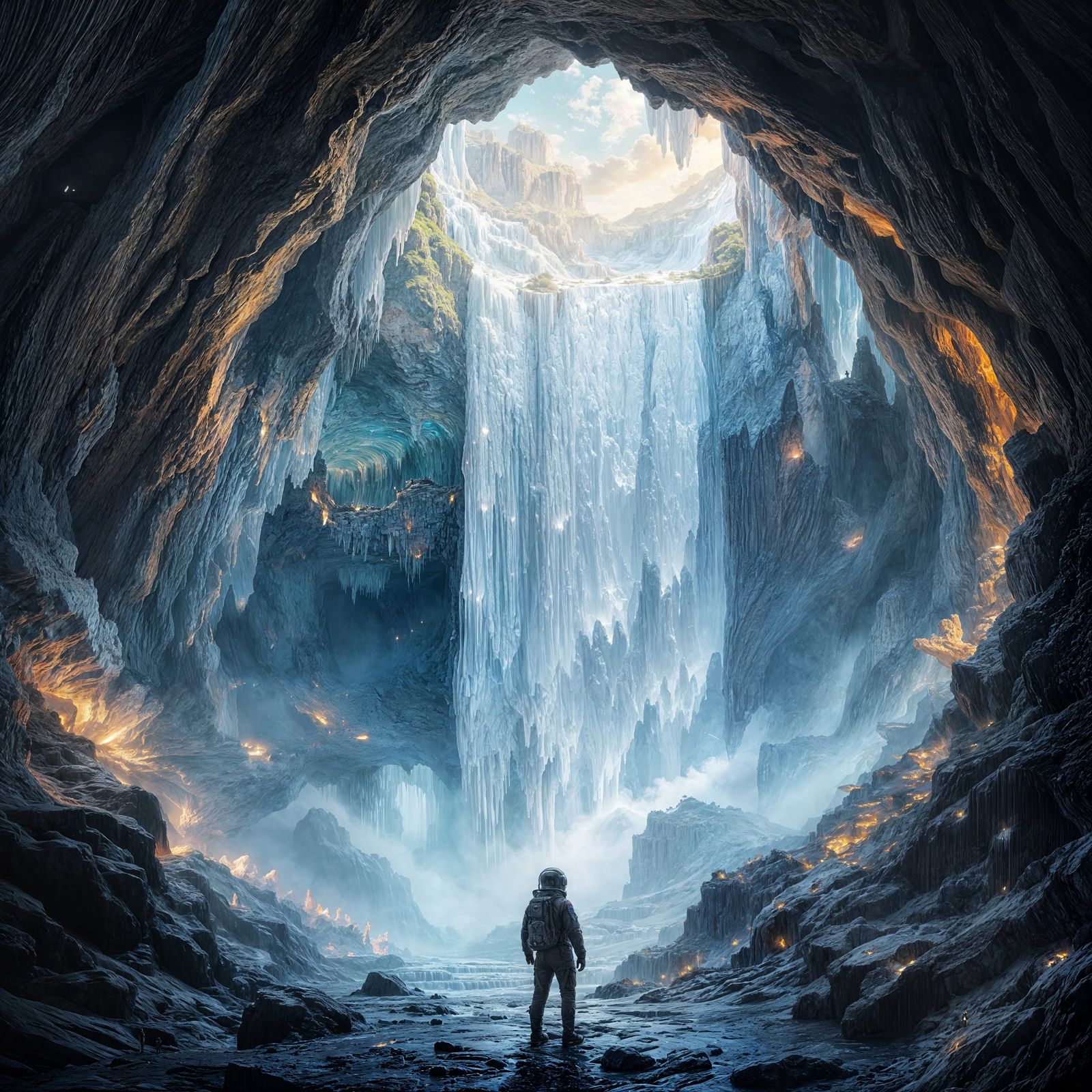 Astronaut Discovers Crystalline Waterfall in Glowing Geode C...