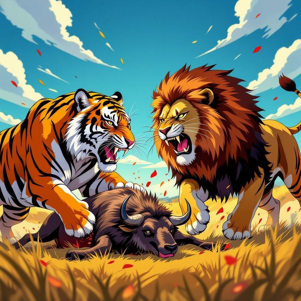 Tiger and Lion Battle for Prey in Dynamic Anime Style
