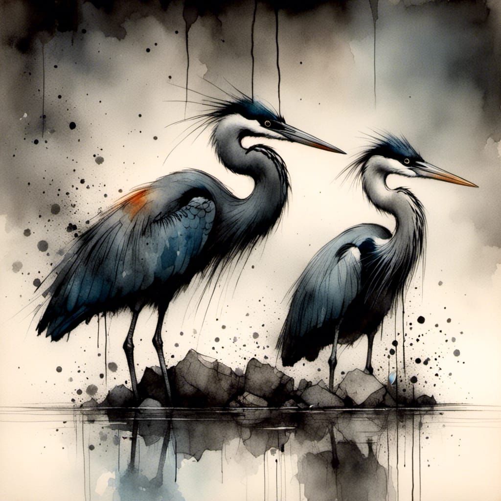Blue Herons in Charcoal and Ink with Splashes of Color
