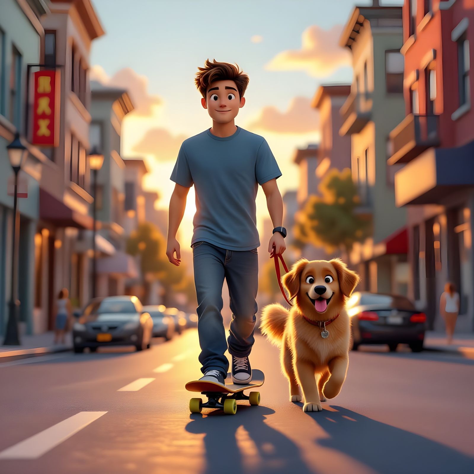 Man Skateboarding With Dog at Sunset in Pixar Style