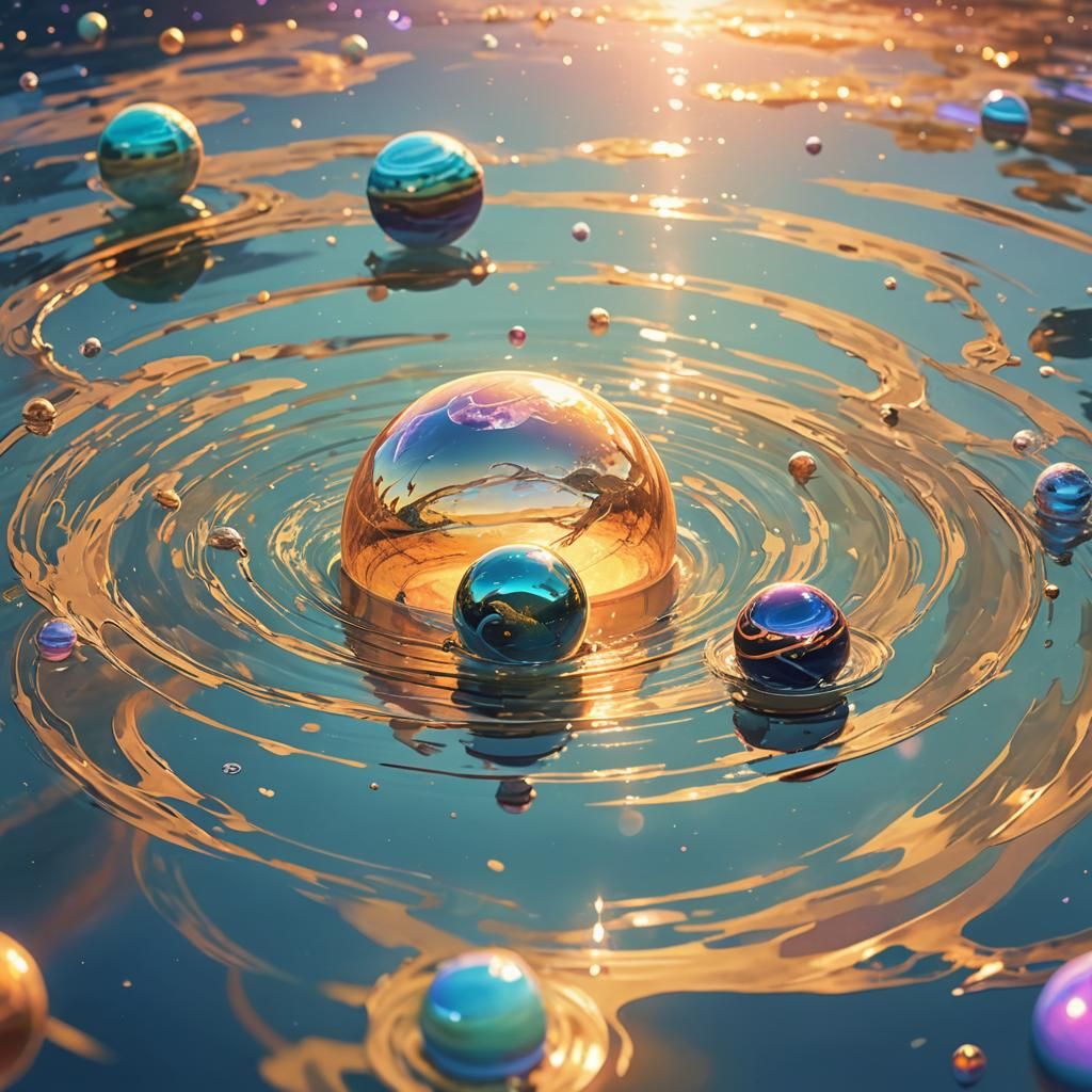 Surreal Anime Planets Reflect in Golden Water