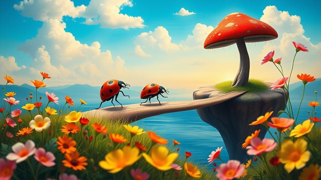 Dreamy Ladybug and Mushroom Duo in Vibrant Garden
