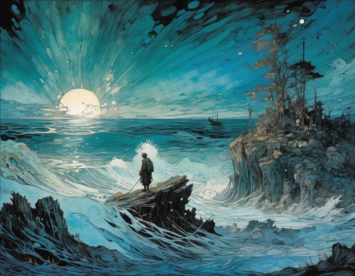 Fisherman Enchanted by a Luminous Mermaid in Noctilucent Hue...