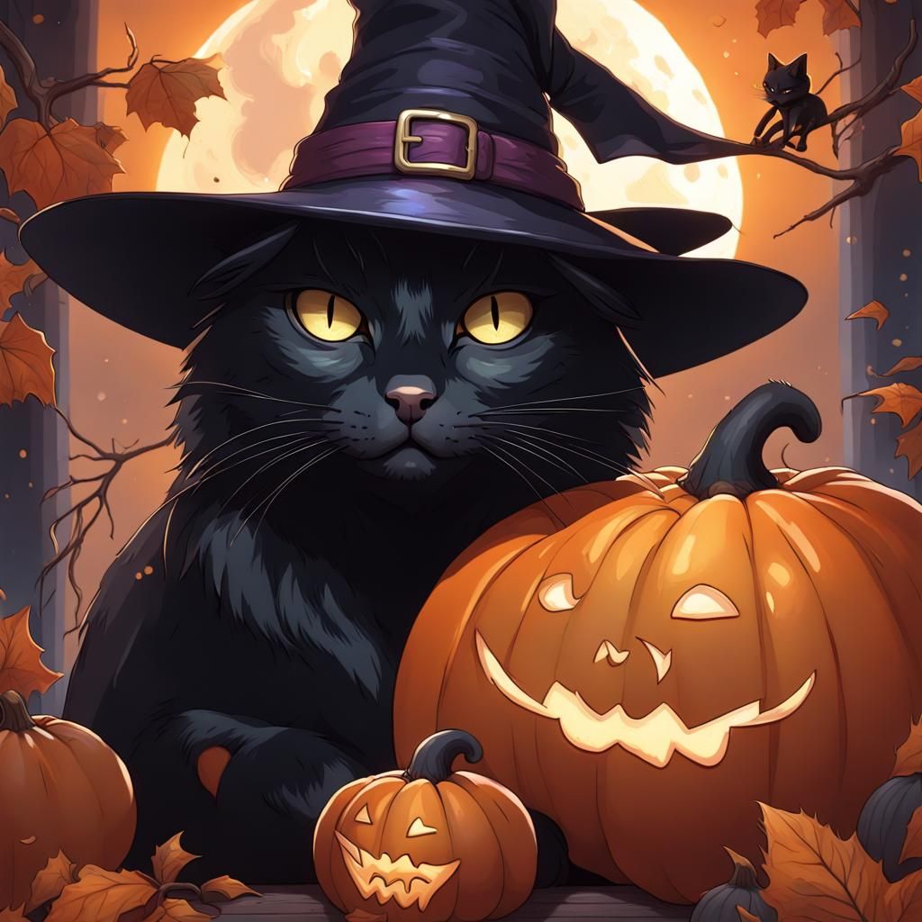 Halloween Cat Portrait with Witch Hat