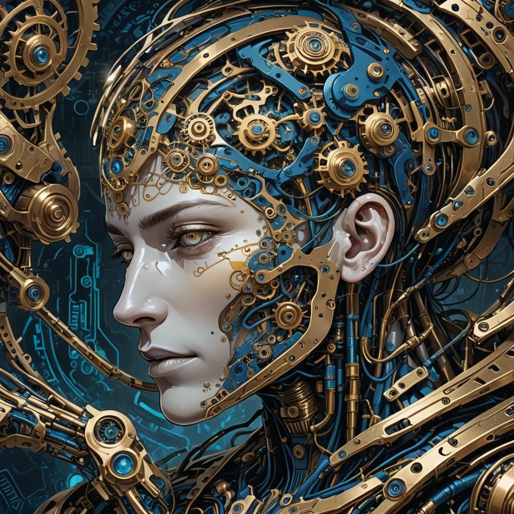 Biomechanical Portrait of Sleeping Figure in Nanopunk Style