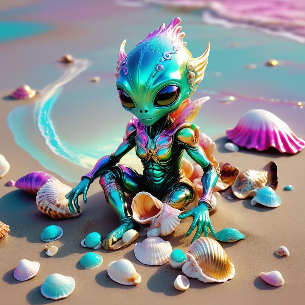 Cutepunk Alien Playing with Shells on Beach