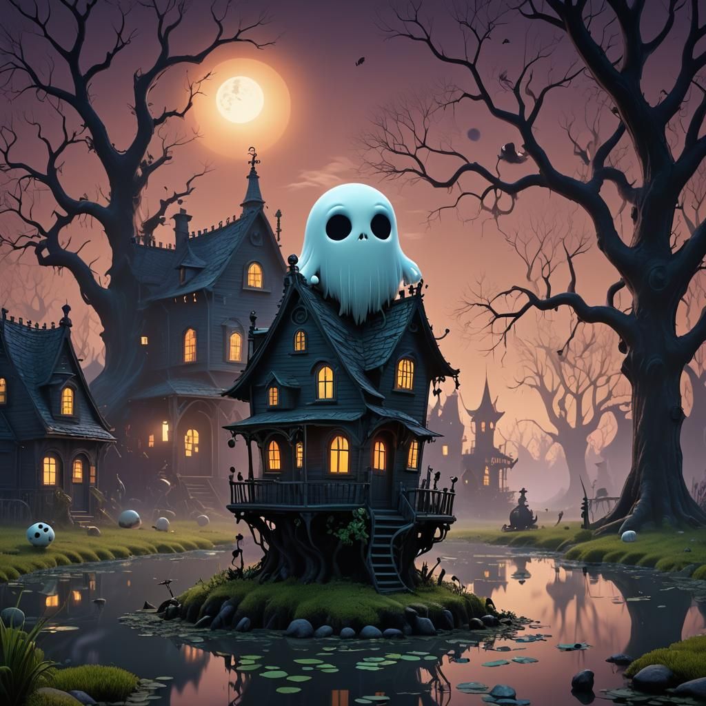 Cute Ghost in Graveyard, Tim Burton Style